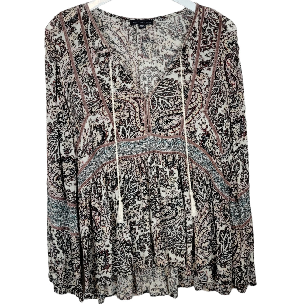 American Eagle Outfitters Boho Paisley Peasant Velvet Trim Tassel Tunic  Size M